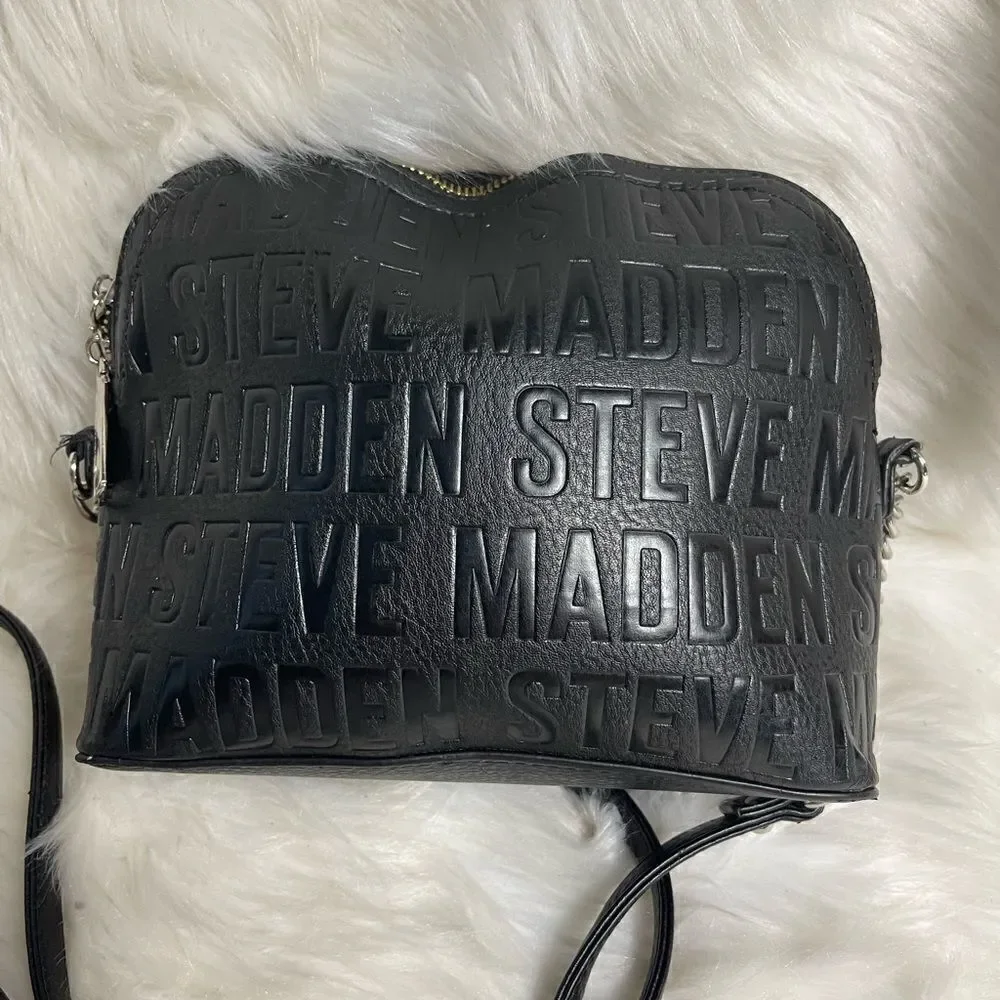 Steve Madden black logo dome crossbody bag with gold tone chain accent